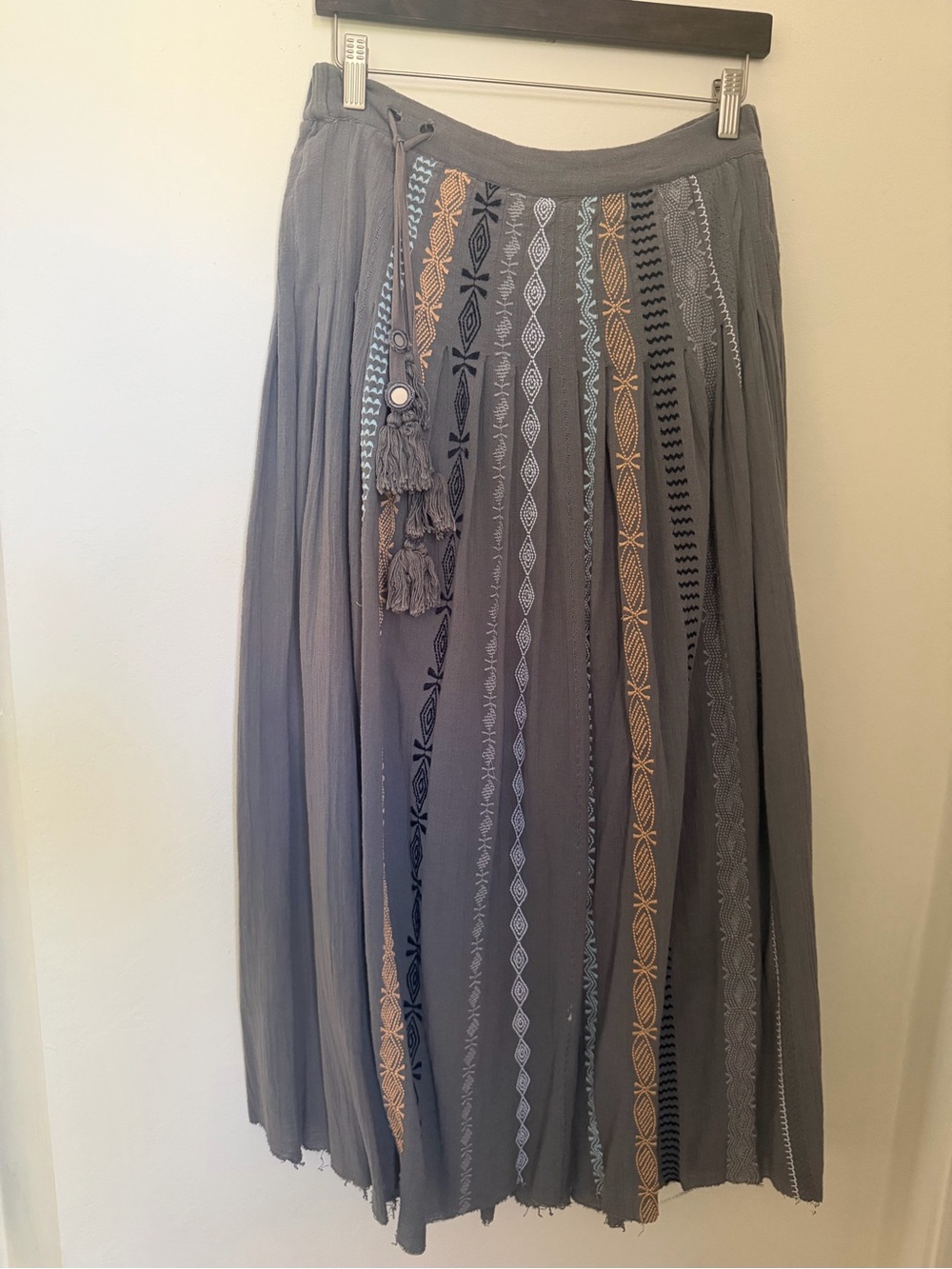 Free People Embroidered Grey Maxi Skirt with Tassel Detail